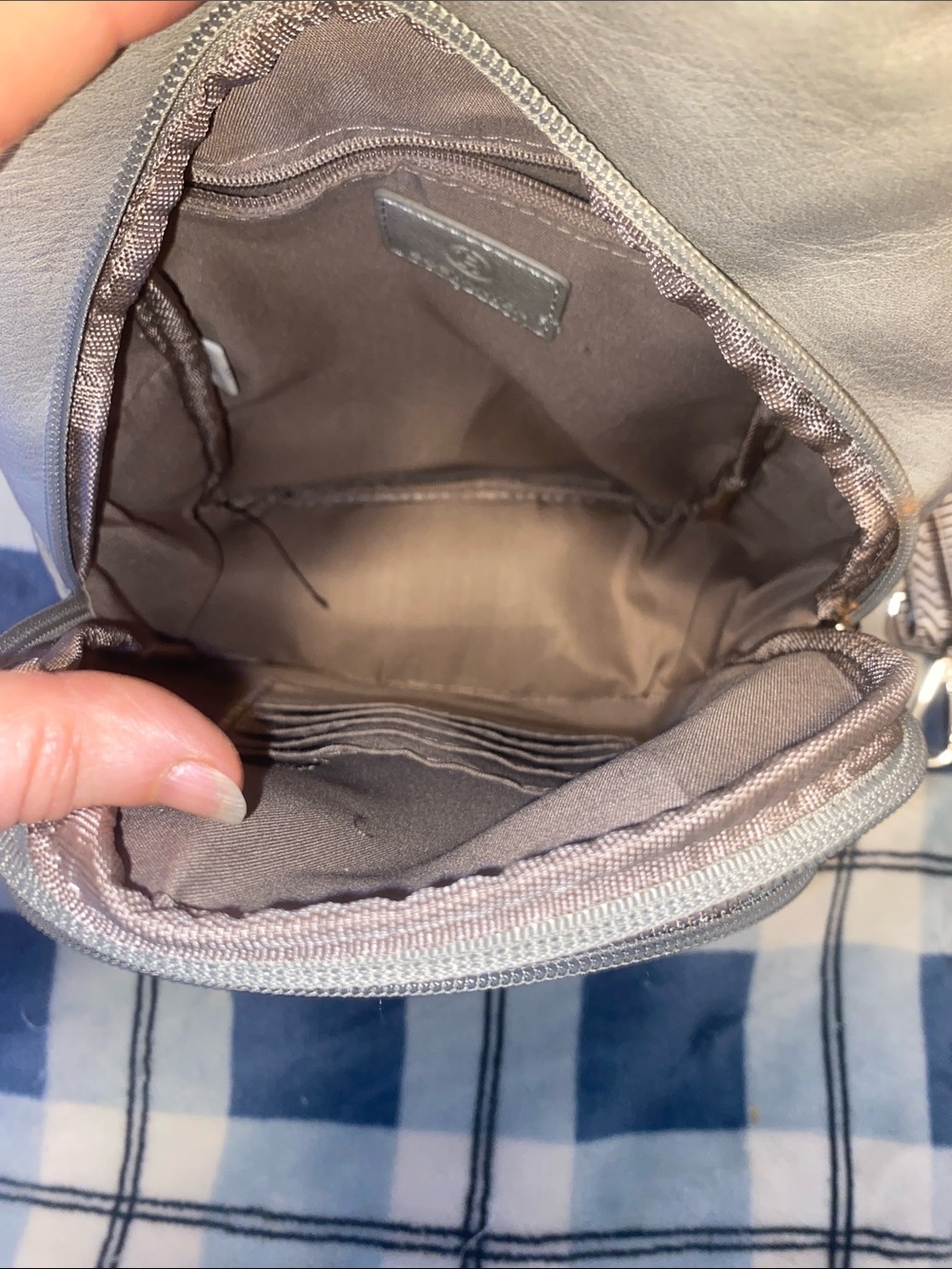 Light Gray Faux-Leather Sling Backpack with Patterned Strap - Picture 9 of 11
